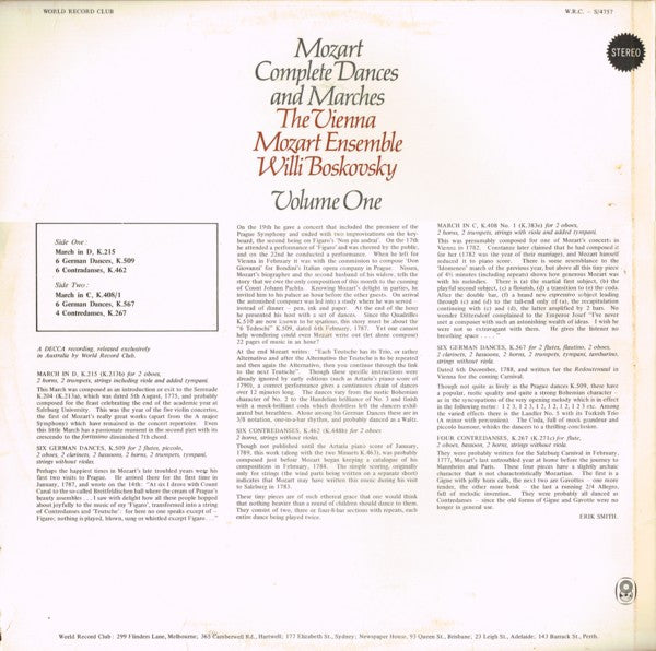 Wolfgang Amadeus Mozart, Wiener Mozart Ensemble, Willi Boskovsky : Complete Dances And Marches Volume One (LP, Album, Club)