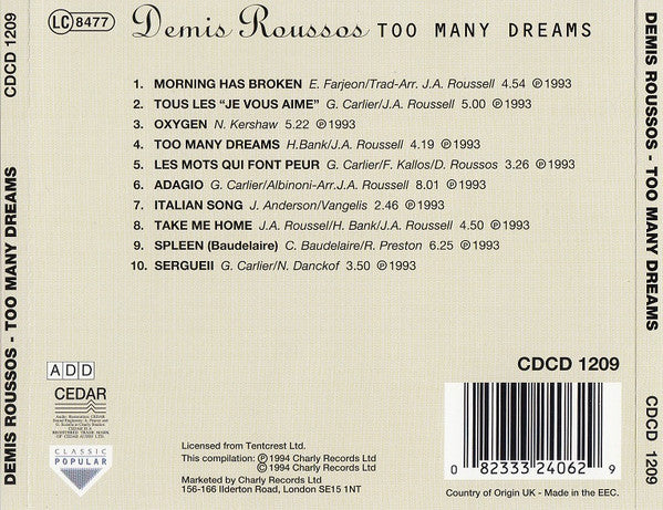 Demis Roussos : Too Many Dreams (CD, Album, RE, RM)