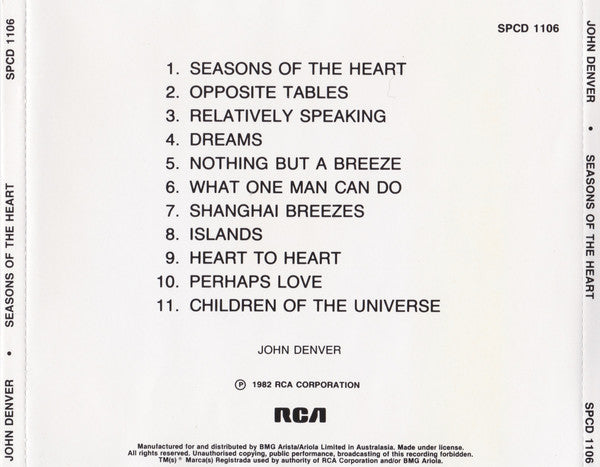 John Denver : Seasons Of The Heart (CD, Album, RE)
