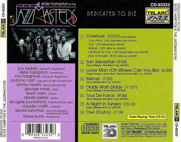 Slide Hampton & The Jazzmasters (2) Featuring Jimmy Heath & Jon Faddis : Dedicated To Diz (CD, Album)