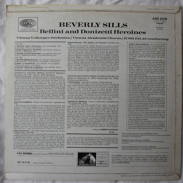 Beverly Sills, Wiener Volksopernorchester, Wiener Akademie Kammerchor, Jussi Jalas : Bellini And Donizetti Heroines (LP, Album)
