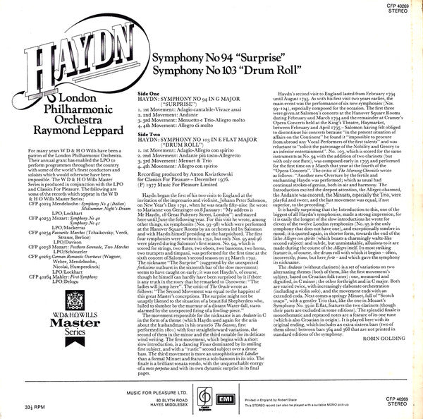 Joseph Haydn, London Philharmonic Orchestra, Raymond Leppard : Symphony No 94 "Surprise"/ Symphony No 103 "Drum Roll" (LP)
