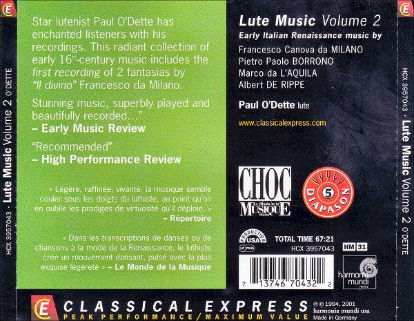Paul O'Dette : Lute Music, Volume 2 (CD, Album, RE)