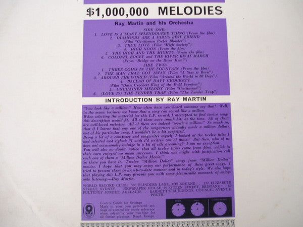 Ray Martin And His Orchestra : $1,000,000 Melodies (LP, Album, Mono, Club, RE)
