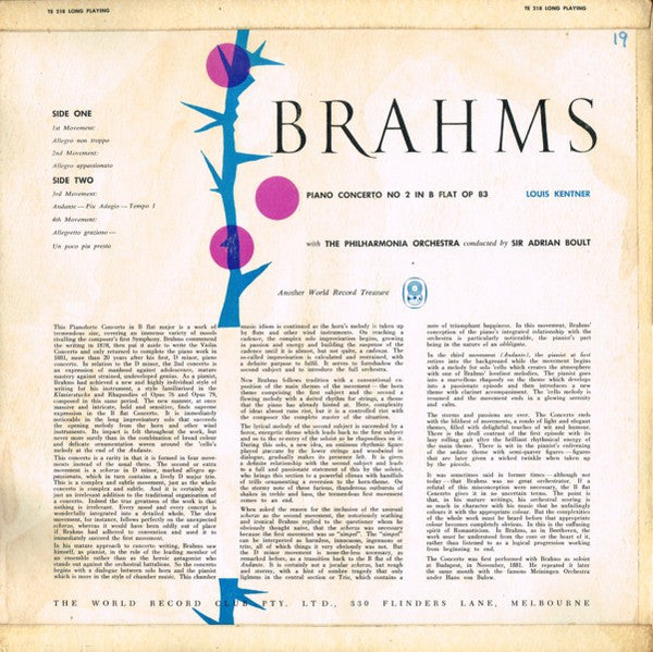 Johannes Brahms  /  Louis Kentner, Philharmonia Orchestra, Sir Adrian Boult : Piano Concerto No. 2 In B Flat Major, Op. 83 (LP, Album, Mono, Club)
