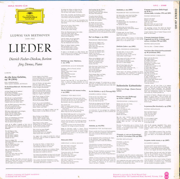 Ludwig van Beethoven - Dietrich Fischer-Dieskau, Jörg Demus : An Die Ferne Geliebte, Lieder (LP, Album, Club)