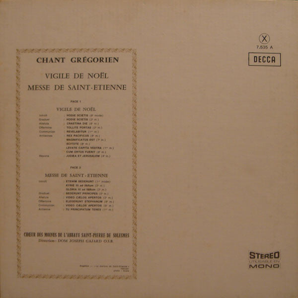 Chœur Des Moines De L'Abbaye Saint-Pierre De Solesmes Direction Dom Joseph Gajard : Vigile De Noël / Messe De Saint Etienne (LP, RE, Gat)