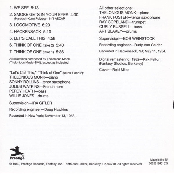 Thelonious Monk With Sonny Rollins And Frank Foster : Monk (CD, Album, RE, RM)