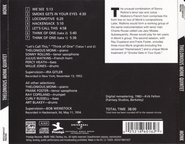 Thelonious Monk With Sonny Rollins And Frank Foster : Monk (CD, Album, RE, RM)