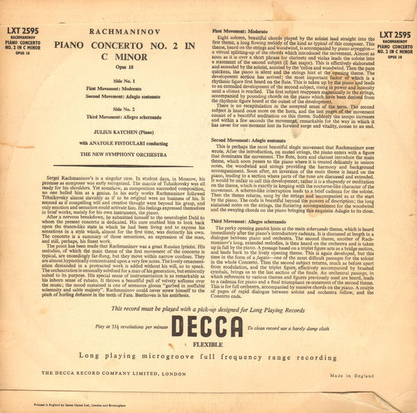 Sergei Rachmaninoff - Julius Katchen, The New Symphony Orchestra Of London, Anatole Fistoulari : Piano Concerto No. 2 In C Minor (LP, Mono)