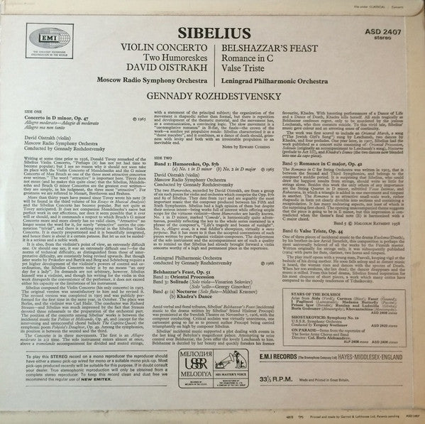 Jean Sibelius, David Oistrach, Gennadi Rozhdestvensky, Большой Симфонический Оркестр Всесоюзного Радио / Leningrad Philharmonic Orchestra : Violin Concerto / Two Humoreskes / Belshazzar's Feast / Romance In C / Valse Triste (LP, Comp)