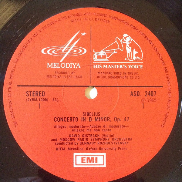 Jean Sibelius, David Oistrach, Gennadi Rozhdestvensky, Большой Симфонический Оркестр Всесоюзного Радио / Leningrad Philharmonic Orchestra : Violin Concerto / Two Humoreskes / Belshazzar's Feast / Romance In C / Valse Triste (LP, Comp)