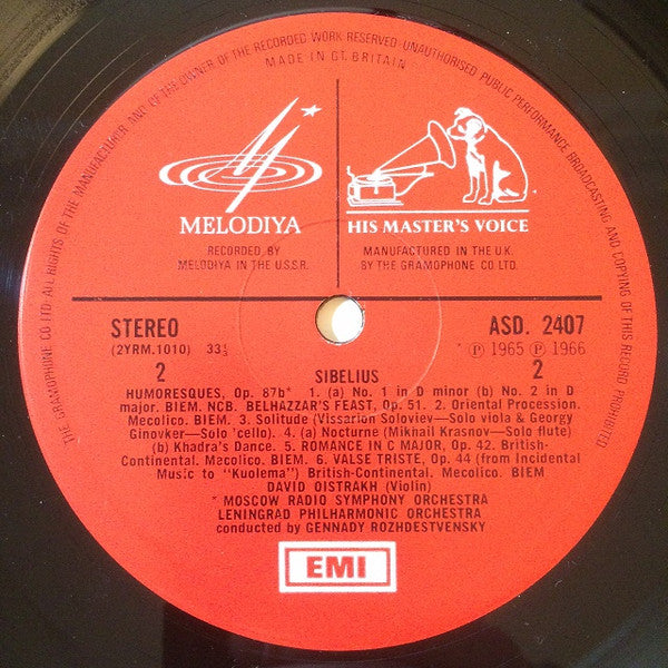 Jean Sibelius, David Oistrach, Gennadi Rozhdestvensky, Большой Симфонический Оркестр Всесоюзного Радио / Leningrad Philharmonic Orchestra : Violin Concerto / Two Humoreskes / Belshazzar's Feast / Romance In C / Valse Triste (LP, Comp)