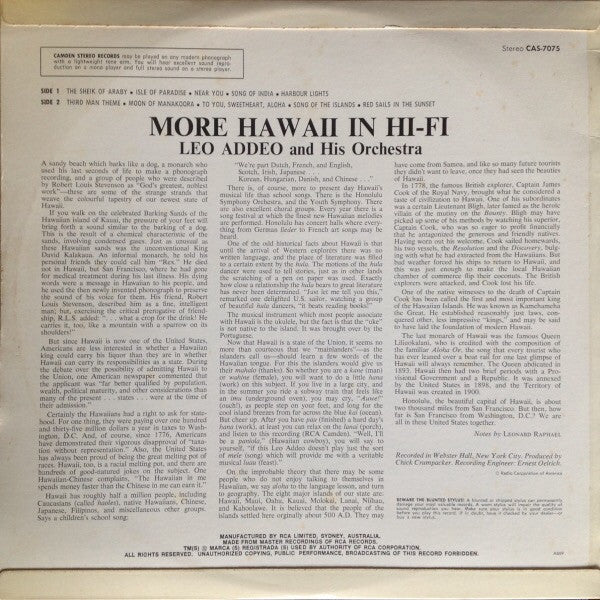 Leo Addeo And His Orchestra : More Hawaii In Hi-Fi (LP, Album, RP)