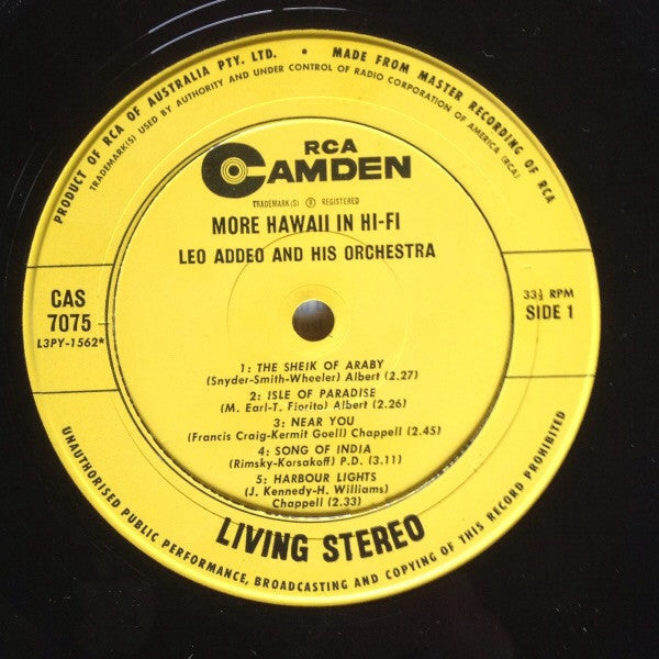 Leo Addeo And His Orchestra : More Hawaii In Hi-Fi (LP, Album, RP)