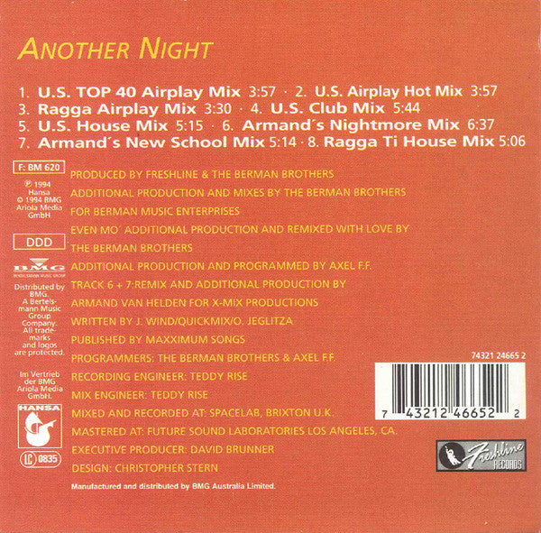 M.C. Sar & The Real McCoy* : Another Night (U.S. Mixes) (CD, Maxi, Car)