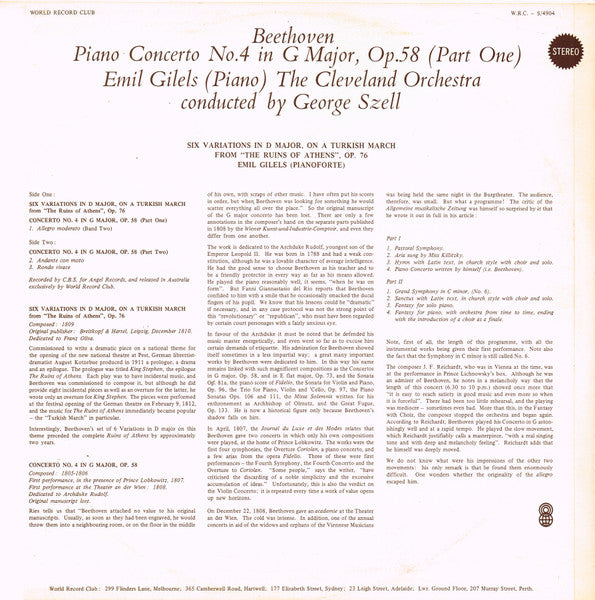 Beethoven*, Emil Gilels, The Cleveland Orchestra Conducted By George Szell : Piano Concerto No. 4 In G Major, Op. 58 (Part One) (LP, Album, Club)