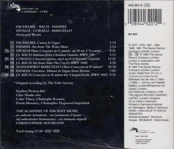 Johann Pachelbel, Johann Sebastian Bach, Georg Friedrich Händel, Antonio Vivaldi, Arcangelo Corelli, Alessandro Marcello, The Academy Of Ancient Music, Christopher Hogwood : Pachelbel Canon (CD, Comp, RE)
