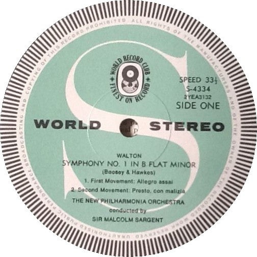 Sir William Walton ‧ New Philharmonia Orchestra ‧ Sir Malcolm Sargent : Symphony No.1 In B Flat Minor (LP, Album, Club)