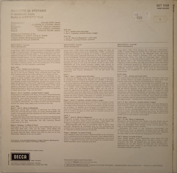Giuseppe Di Stefano as Faust, with Renata Tebaldi and Cesare Siepi : Excerpts From Boito's Mefistofele (LP)