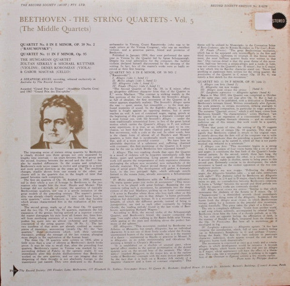 Ludwig Van Beethoven, The Hungarian Quartet : The String Quartets, Vol. 5 (The Middle Quartets): Quartet No. 8 In E Minor, Op.59, No. 2 "Rasoumovsky"; Quartet No. 11 In F Minor, Op. 95 (LP, Album, Club)