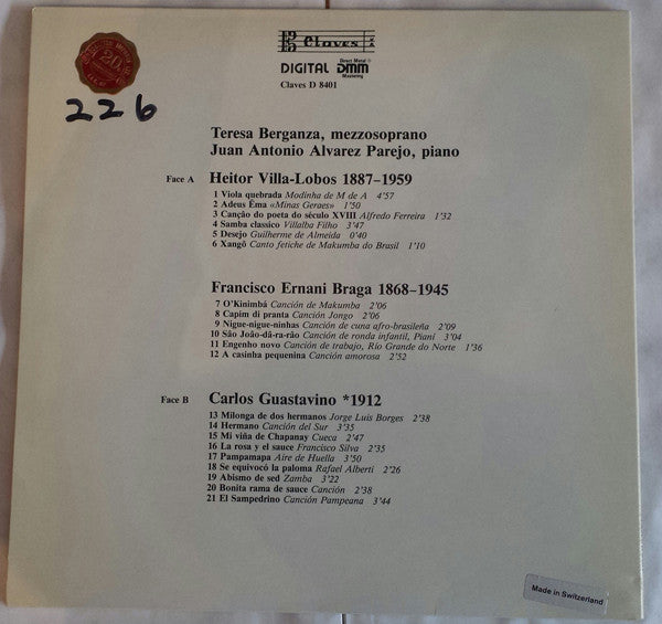Teresa Berganza, Juan Antonio Alvarez Parejo, Heitor Villa-Lobos / Francisco Braga / Carlos Guastavino : Teresa Berganza Mezzosopran (LP)