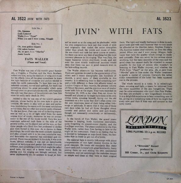 Fats Waller : Jivin' With Fats (10", Mono)