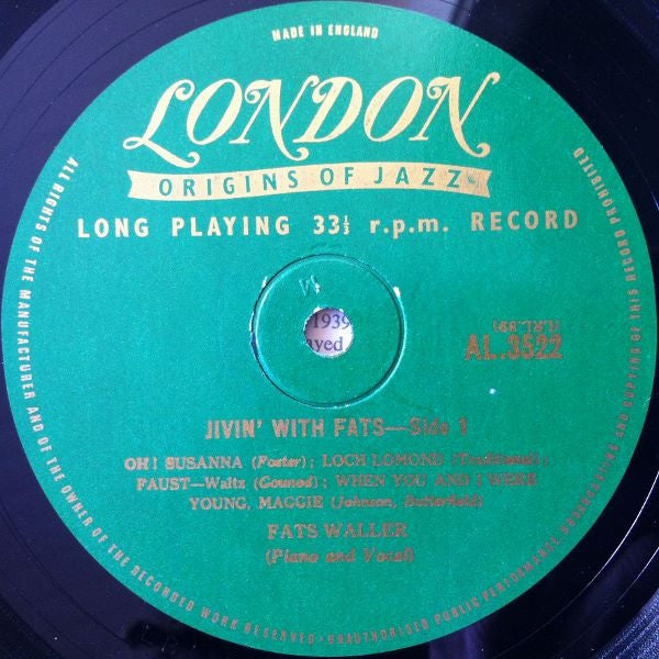 Fats Waller : Jivin' With Fats (10", Mono)