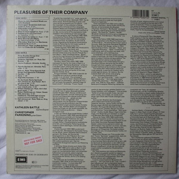 Kathleen Battle / Christopher Parkening : Pleasures Of Their Company (LP, Album)