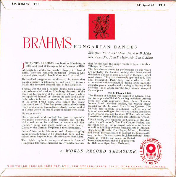 Johannes Brahms, Sinfonia Of London Conducted By Richard Austin (3) : Hungarian Dances Nos 1, 5, 6 And 10 (7", EP, Mono, Club)