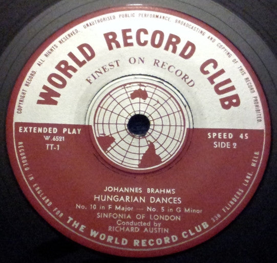 Brahms*, Sinfonia Of London Conducted By Richard Austin (3) : Hungarian Dances Nos 1, 5, 6 And 10 (7", EP, Mono, Club)