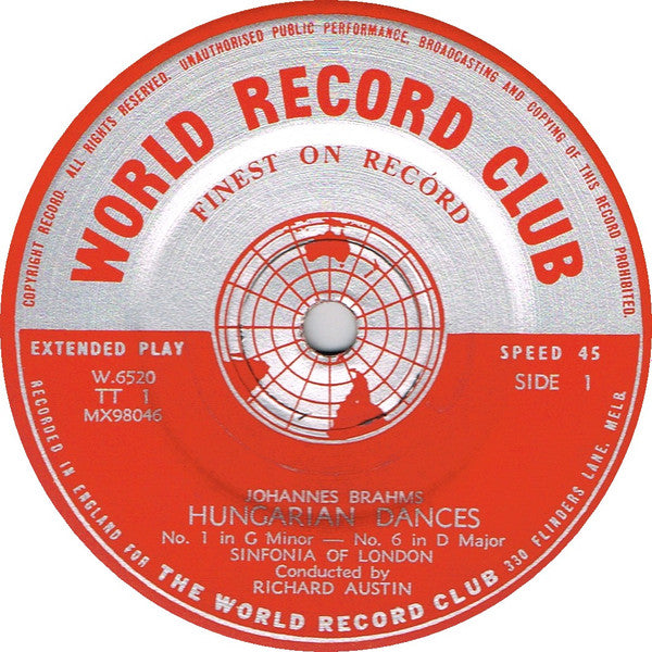 Brahms*, Sinfonia Of London Conducted By Richard Austin (3) : Hungarian Dances Nos 1, 5, 6 And 10 (7", EP, Mono, Club)