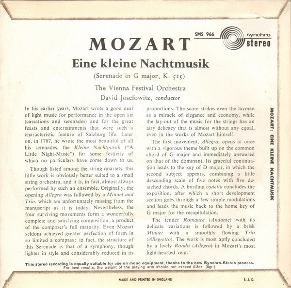Mozart* - Vienna Festival Orchestra*, David Josefowitz : Eine Kleine Nachtmusik (7", RE)