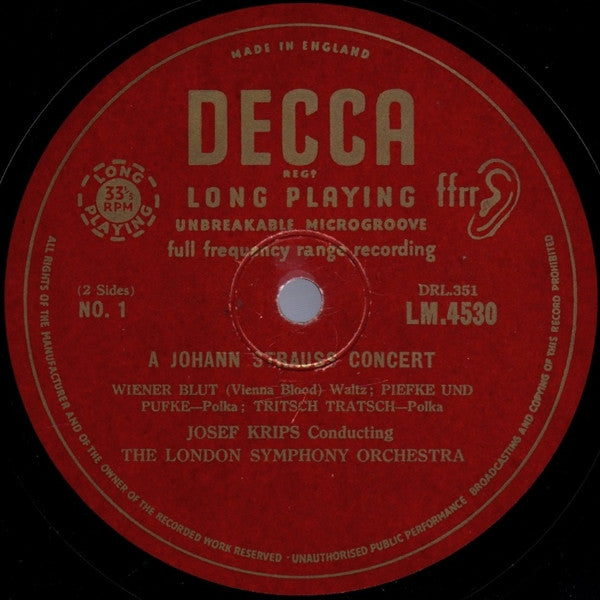 Josef Krips Conducting London Symphony Orchestra And The New Symphony Orchestra Of London : A Johann Strauss Concert (10")