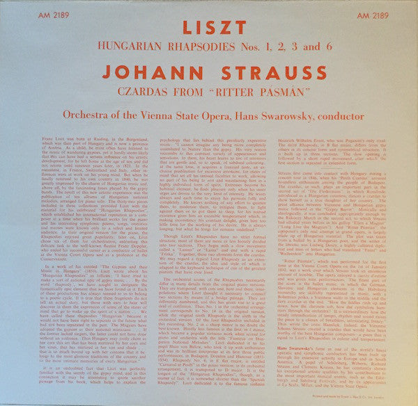 Liszt* /  Johann Strauss* - The Vienna State Opera Orchestra*, Hans Swarowsky : Hungarian Rhapsodies Nos. 1, 2, 3 And 6 (LP, Album, Mono)