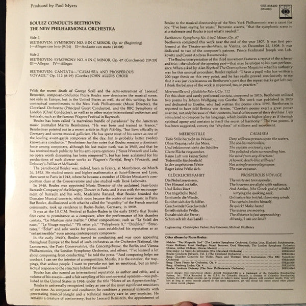Ludwig van Beethoven - Pierre Boulez, New Philharmonia Orchestra, John Alldis Choir : Boulez Conducts Beethoven: Symphony No. 5 / Calm Sea And Prosperous Voyage (LP, Album)