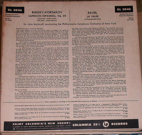 Nikolai Rimsky-Korsakov / Maurice Ravel - Sir John Barbirolli Conducting The Philharmonic-Symphony Orchestra Of New York : Capriccio Espagnol, Op. 34 / La Valse (LP, Mono)