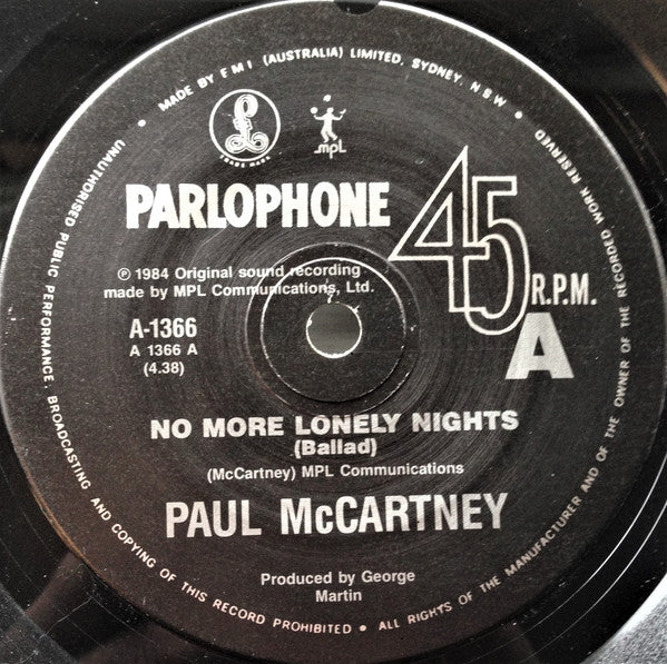 Paul McCartney : No More Lonely Nights (7", Single, Pic)