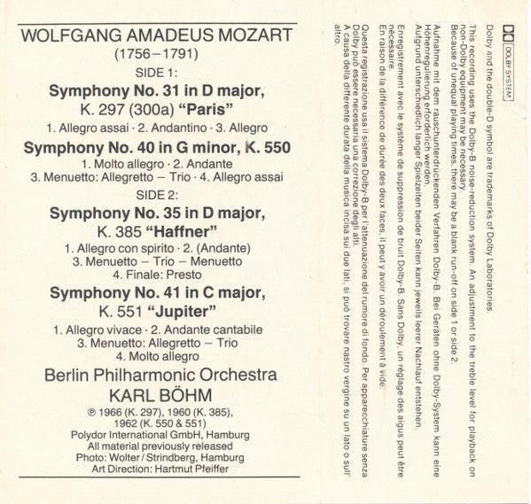 Berlin Philharmonic Orchestra*, Karl Böhm : Mozart : Symphonies No.31 " Paris ", No. 35 " Haffner ", No. 40 In G Minor, No. 41 " Jupiter " (Cass, Comp, RE, Dol)