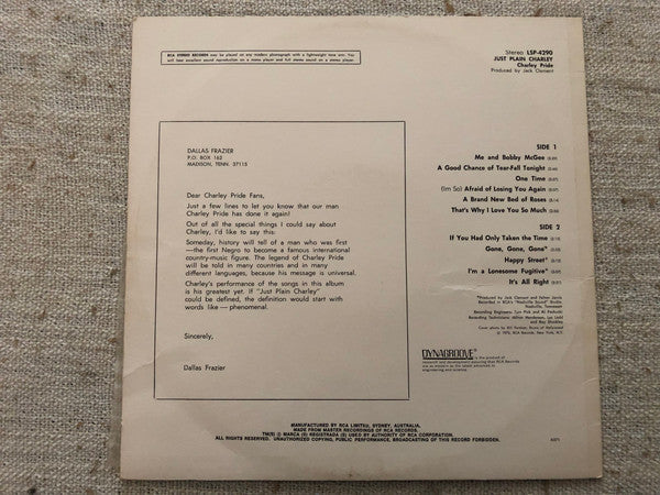Charley Pride : Just Plain Charley (LP, Album)
