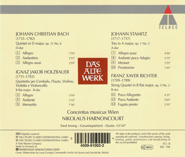 Johann Christian Bach · Ignaz Jakob Holzbauer, Jan Václav Antonín Stamic · Franz Xaver Richter - Concentus Musicus Wien, Nikolaus Harnoncourt : Music At The Court Of Mannheim (= Musik Am Mannheimer Hof) (CD, Album, RM)