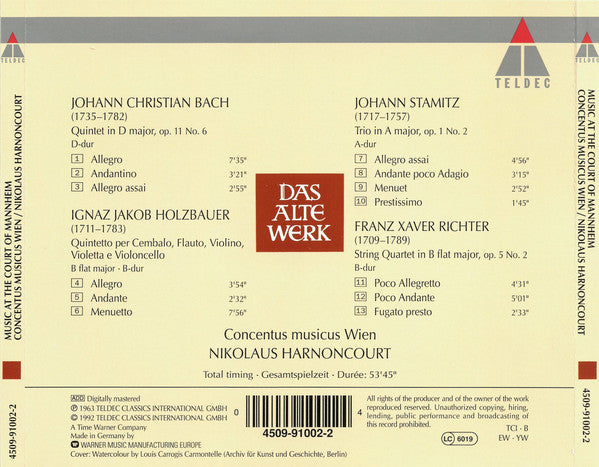 Johann Christian Bach · Ignaz Jakob Holzbauer, Jan Václav Antonín Stamic · Franz Xaver Richter - Concentus Musicus Wien, Nikolaus Harnoncourt : Music At The Court Of Mannheim (= Musik Am Mannheimer Hof) (CD, Album, RM)