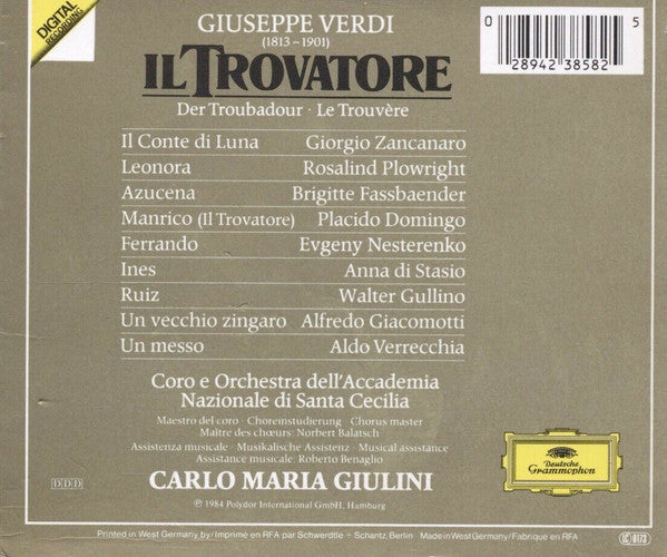 Verdi* - Placido Domingo, Rosalind Plowright, Brigitte Fassbaender, Giorgio Zancanaro, Evgeny Nesterenko, Coro* E Orchestra Dell'Accademia Nazionale Di Santa Cecilia, Carlo Maria Giulini : Il Trovatore (2xCD, Album, RE + Box, Sli)