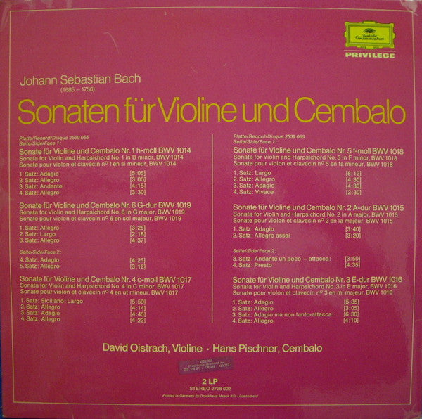 David Oistrach, Hans Pischner, Johann Sebastian Bach : Sonaten Für Violine Und Cembalo (2xLP)
