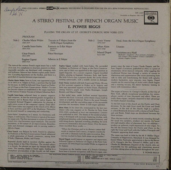 E. Power Biggs : A Festival Of French Organ Music (LP, Album, RE)