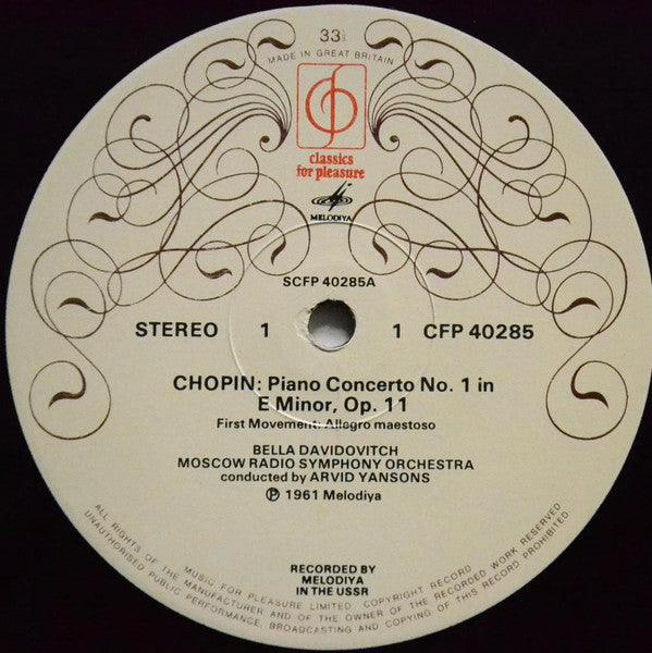 Frédéric Chopin, Bella Davidovich : Piano Concerto No. 1 In E Minor  (LP)