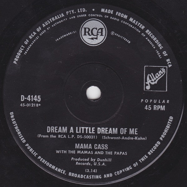 Cass Elliot With The Mamas & The Papas : Dream A Little Dream Of Me (7", Single)