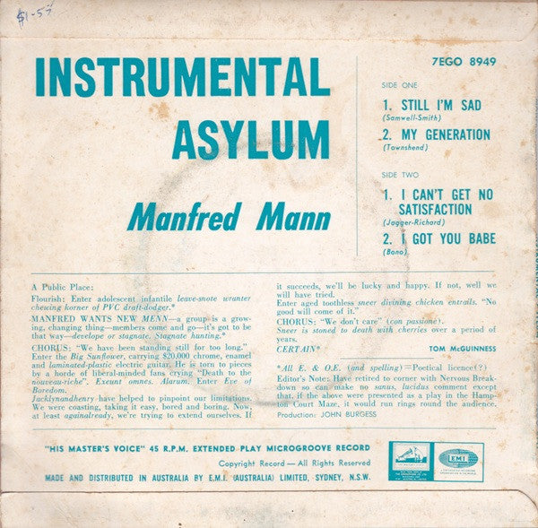 Manfred Mann : Instrumental Asylum (7", EP, Mono)