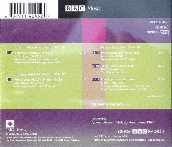 Johann Sebastian Bach, Ludwig van Beethoven, Franz Schubert, Wilhelm Kempff : Chromatic Fantasia and Fugue; Piano Sonata No.22; 3 Piano Pieces, D946 (CD, Album, RM)