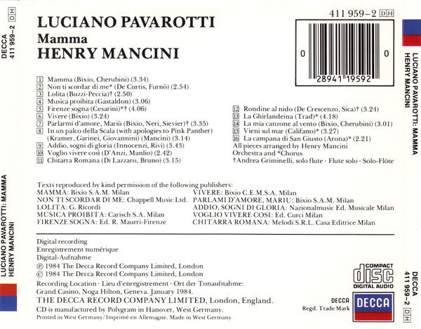 Luciano Pavarotti / Henry Mancini : Mamma (CD, Album)